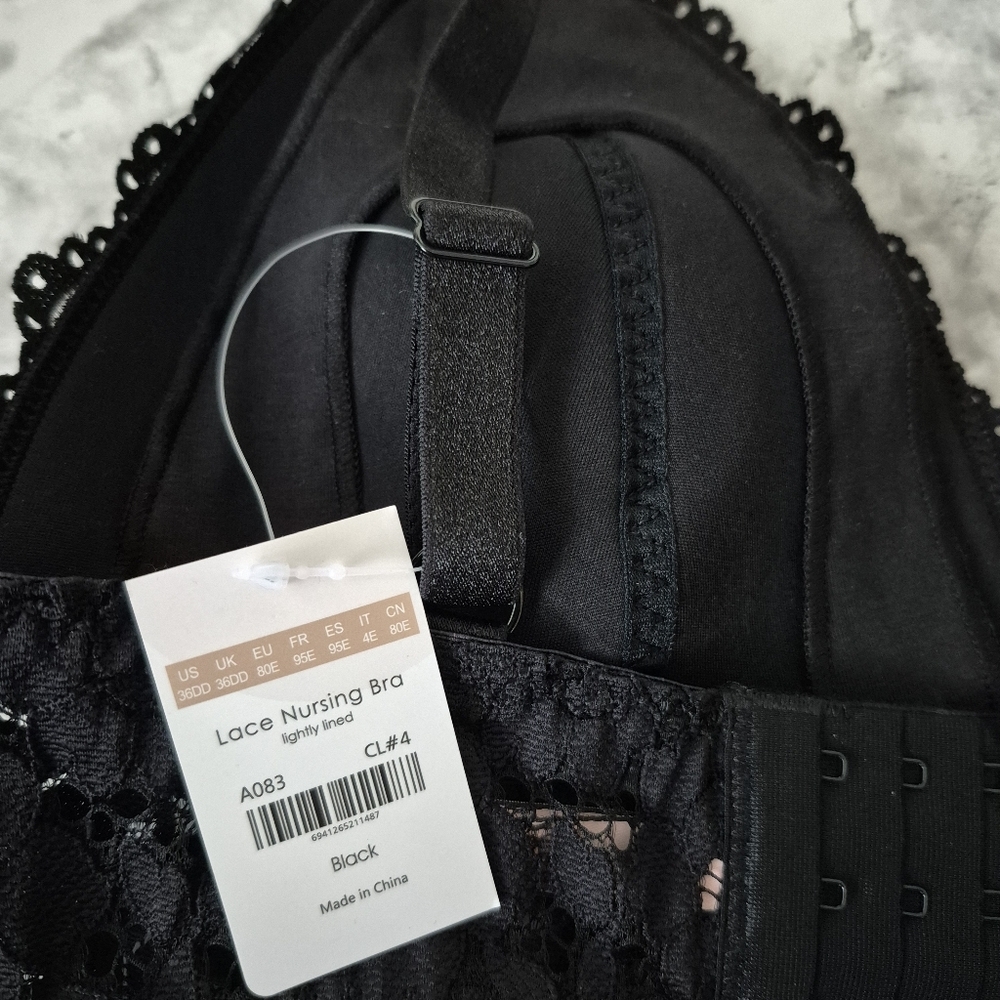 Momanda Lace Plunge Nursing Bralette Black 36DD NWT